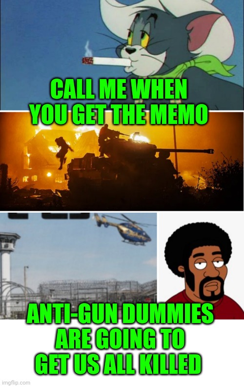 Funny | CALL ME WHEN YOU GET THE MEMO; ANTI-GUN DUMMIES ARE GOING TO GET US ALL KILLED | image tagged in funny | made w/ Imgflip meme maker