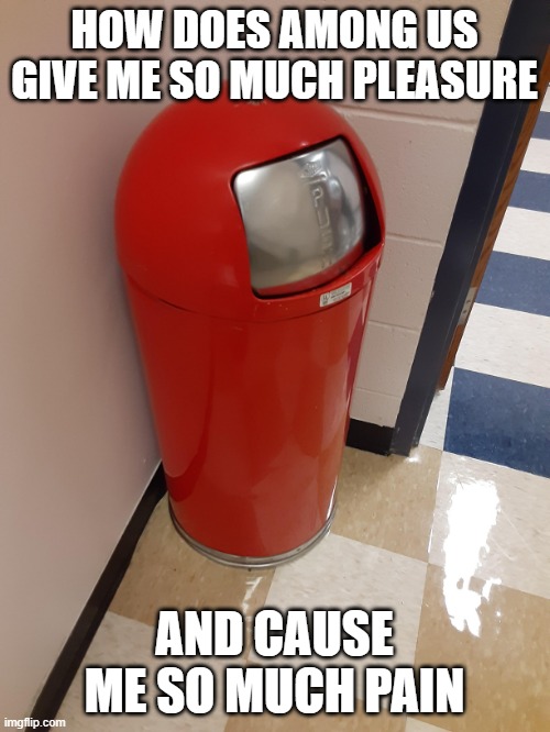 Among us trash can | HOW DOES AMONG US GIVE ME SO MUCH PLEASURE AND CAUSE ME SO MUCH PAIN | image tagged in among us trash can | made w/ Imgflip meme maker