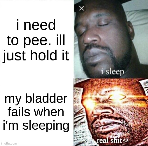 upvote if your 4 years old | i need to pee. ill just hold it; my bladder fails when i'm sleeping | image tagged in memes,sleeping shaq | made w/ Imgflip meme maker