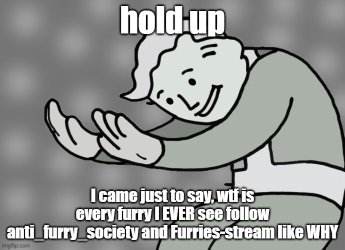 Hol up | hold up; I came just to say, wtf is every furry I EVER see follow anti_furry_society and Furries-stream like WHY | image tagged in hol up | made w/ Imgflip meme maker