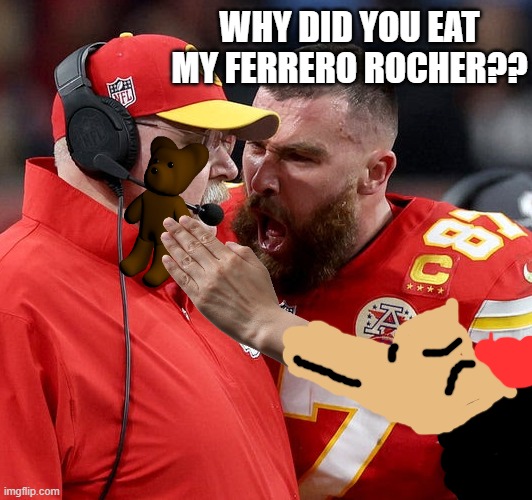 When you eat your S/O's candy | WHY DID YOU EAT MY FERRERO ROCHER?? | image tagged in travis kelce screaming | made w/ Imgflip meme maker