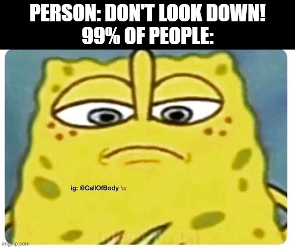 this happens a lot in tv shows | PERSON: DON'T LOOK DOWN!
99% OF PEOPLE: | image tagged in sponge bob looking down | made w/ Imgflip meme maker