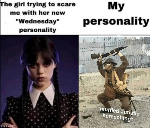 The girl trying to scare me with her new Wednesday personality | image tagged in the girl trying to scare me with her new wednesday personality,muffled autistic screeching,memes,operator bravo | made w/ Imgflip meme maker
