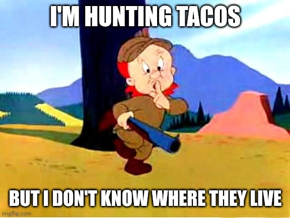 Elmer Fudd | I'M HUNTING TACOS BUT I DON'T KNOW WHERE THEY LIVE | image tagged in elmer fudd | made w/ Imgflip meme maker
