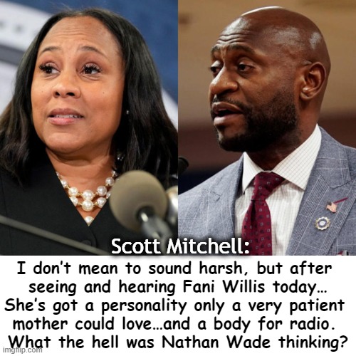 Good question, Scott, & one Nathan Wade is undoubtedly asking himself... | Scott Mitchell:; I don’t mean to sound harsh, but after 
seeing and hearing Fani Willis today…

She’s got a personality only a very patient 
mother could love…and a body for radio. 

What the hell was Nathan Wade thinking? | image tagged in political humor,fani willis,good question,election,donald trump,sham show | made w/ Imgflip meme maker