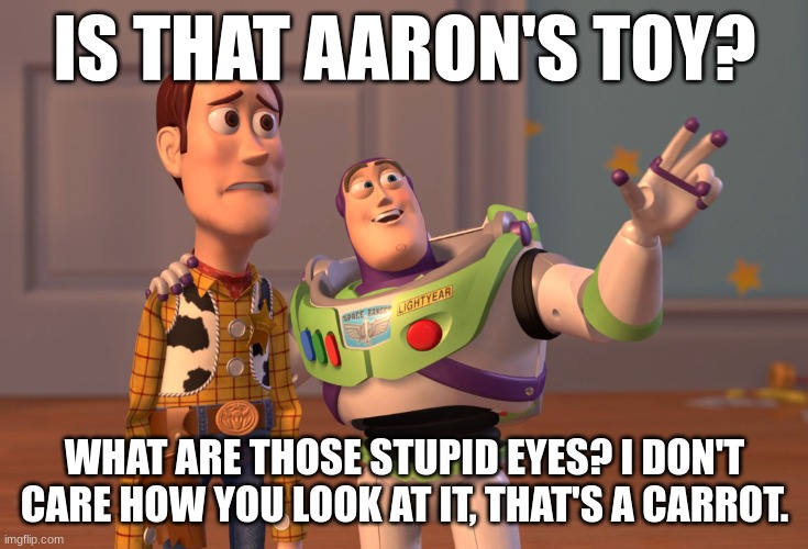 carrot | IS THAT AARON'S TOY? WHAT ARE THOSE STUPID EYES? I DON'T CARE HOW YOU LOOK AT IT, THAT'S A CARROT. | image tagged in memes,x x everywhere | made w/ Imgflip meme maker