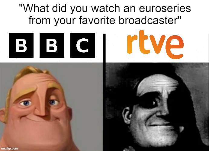 france.tv left the chat | "What did you watch an euroseries from your favorite broadcaster" | image tagged in teacher's copy,rtve,bbc | made w/ Imgflip meme maker