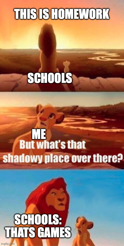 Simba Shadowy Place | THIS IS HOMEWORK; SCHOOLS; ME; SCHOOLS: THATS GAMES | image tagged in memes,simba shadowy place | made w/ Imgflip meme maker