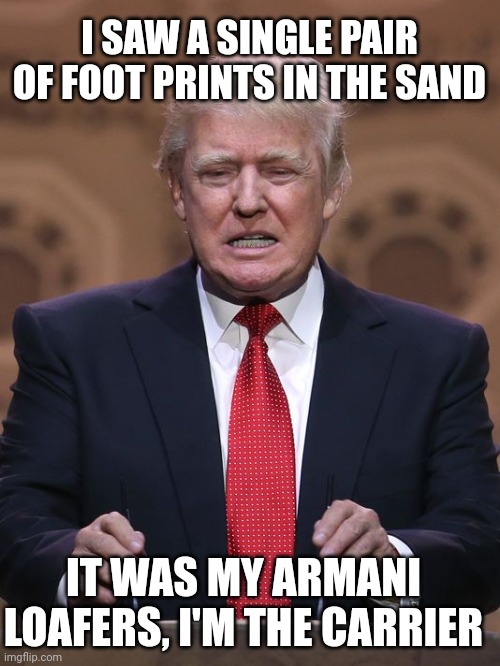 Donald trump | I SAW A SINGLE PAIR OF FOOT PRINTS IN THE SAND; IT WAS MY ARMANI LOAFERS, I'M THE CARRIER | image tagged in donald trump | made w/ Imgflip meme maker