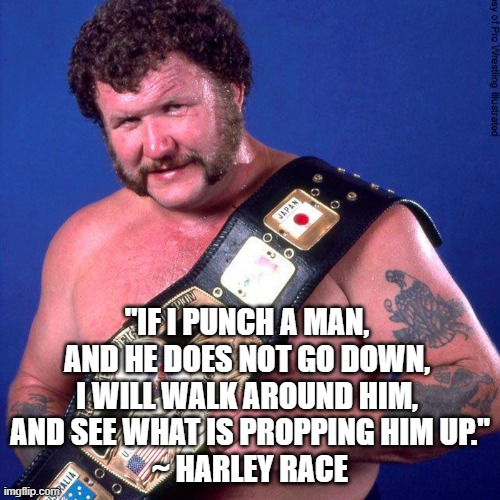 The Legendary "Handsome" Harley Race | "IF I PUNCH A MAN, 
AND HE DOES NOT GO DOWN, 
I WILL WALK AROUND HIM, 
AND SEE WHAT IS PROPPING HIM UP."
~ HARLEY RACE | image tagged in harley race | made w/ Imgflip meme maker