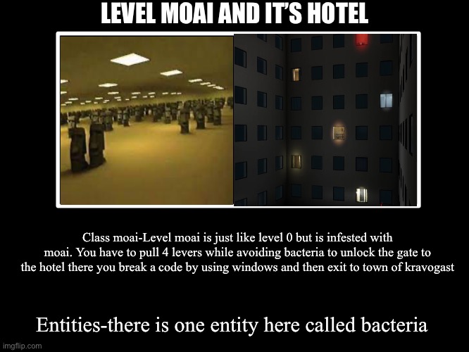 All Endings | LEVEL MOAI AND IT’S HOTEL; Class moai-Level moai is just like level 0 but is infested with moai. You have to pull 4 levers while avoiding bacteria to unlock the gate to the hotel there you break a code by using windows and then exit to town of kravogast; Entities-there is one entity here called bacteria | image tagged in all endings | made w/ Imgflip meme maker