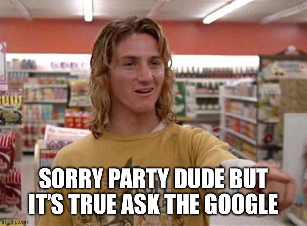 Spicoli | SORRY PARTY DUDE BUT IT’S TRUE ASK THE GOOGLE | image tagged in spicoli | made w/ Imgflip meme maker