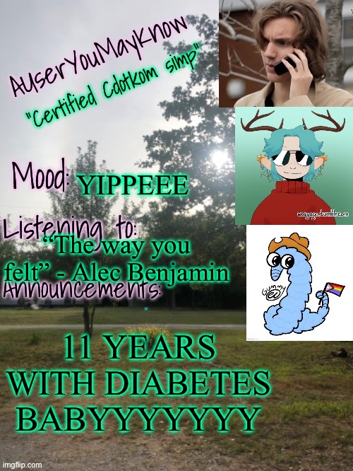It was technically on the 8th but oh well | YIPPEEE; “The way you felt” - Alec Benjamin; 11 YEARS WITH DIABETES BABYYYYYYY | image tagged in auymk template reworked | made w/ Imgflip meme maker