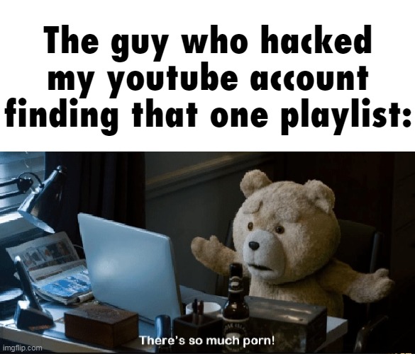 There's so much porn! | The guy who hacked my youtube account finding that one playlist: | image tagged in there's so much porn | made w/ Imgflip meme maker