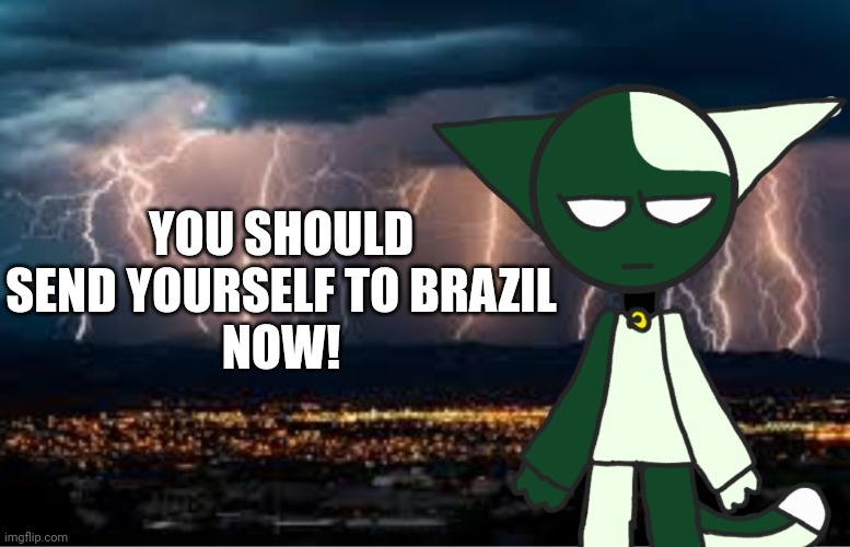 YOU'RE GOING TO BRAZIL!!!111111 | YOU SHOULD
SEND YOURSELF TO BRAZIL
NOW! | image tagged in you're going to brazil,peva_kit,you should kill yourself now,ltg,lowtiergod,low tier god | made w/ Imgflip meme maker