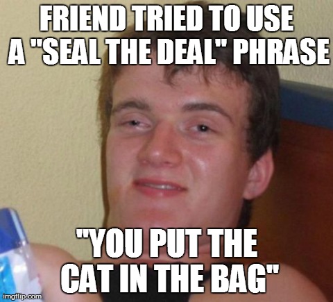 10 Guy Meme | FRIEND TRIED TO USE A "SEAL THE DEAL" PHRASE "YOU PUT THE CAT IN THE BAG" | image tagged in memes,10 guy,AdviceAnimals | made w/ Imgflip meme maker