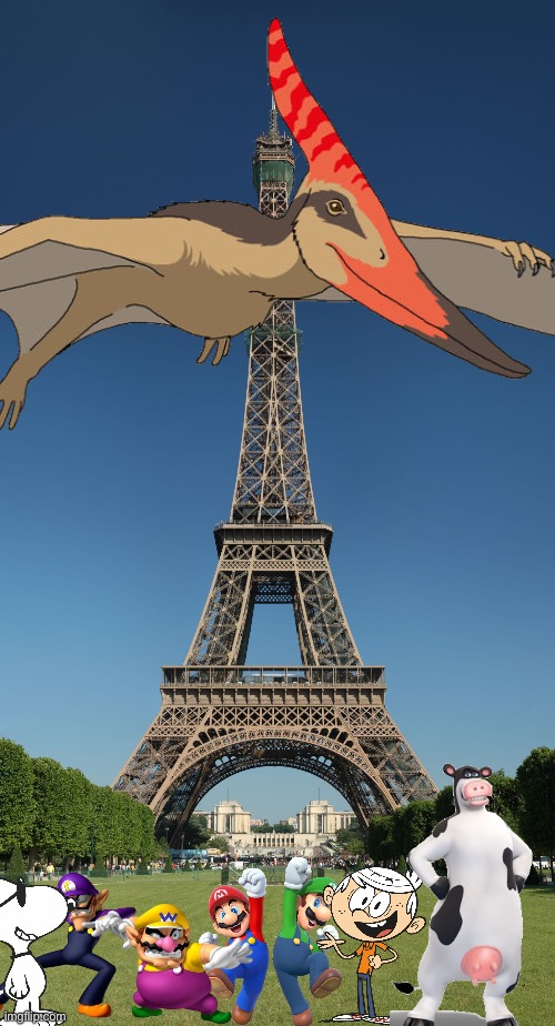 Wario and Friends dies by a Giant Pteranodon during a trip in Paris | image tagged in eiffel tower,wario dies,crossover | made w/ Imgflip meme maker