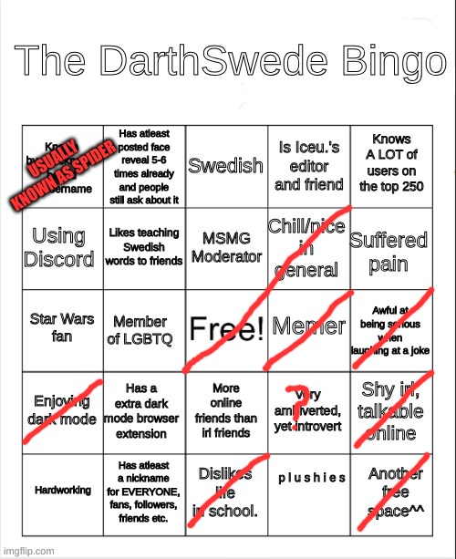 The DarthSwede Bingo | USUALLY KNOWN AS SPIDER | image tagged in the darthswede bingo | made w/ Imgflip meme maker
