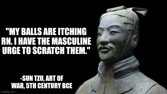 My balls hurt. | "MY BALLS ARE ITCHING RN. I HAVE THE MASCULINE URGE TO SCRATCH THEM."; -SUN TZU, ART OF WAR, 5TH CENTURY BCE | image tagged in sun tzu | made w/ Imgflip meme maker