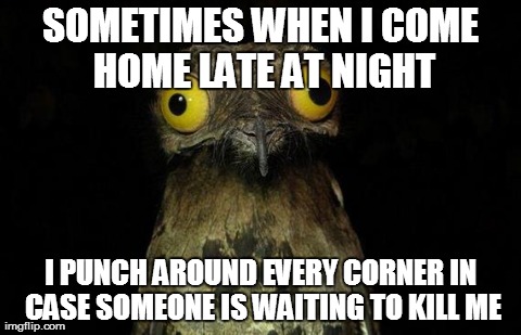 Weird Stuff I Do Potoo Meme | SOMETIMES WHEN I COME HOME LATE AT NIGHT I PUNCH AROUND EVERY CORNER IN CASE SOMEONE IS WAITING TO KILL ME | image tagged in memes,weird stuff i do potoo,AdviceAnimals | made w/ Imgflip meme maker
