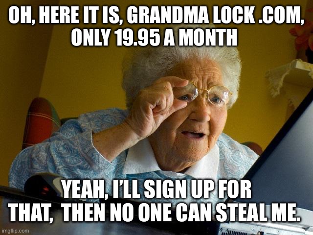 Paranoid grandma | OH, HERE IT IS, GRANDMA LOCK .COM,
ONLY 19.95 A MONTH; YEAH, I’LL SIGN UP FOR THAT,  THEN NO ONE CAN STEAL ME. | image tagged in memes,grandma finds the internet | made w/ Imgflip meme maker