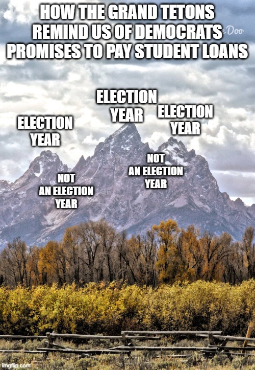 They fall for it every time | HOW THE GRAND TETONS REMIND US OF DEMOCRATS PROMISES TO PAY STUDENT LOANS; ELECTION YEAR; ELECTION YEAR; ELECTION YEAR; NOT AN ELECTION YEAR; NOT AN ELECTION YEAR | image tagged in grand tetons | made w/ Imgflip meme maker