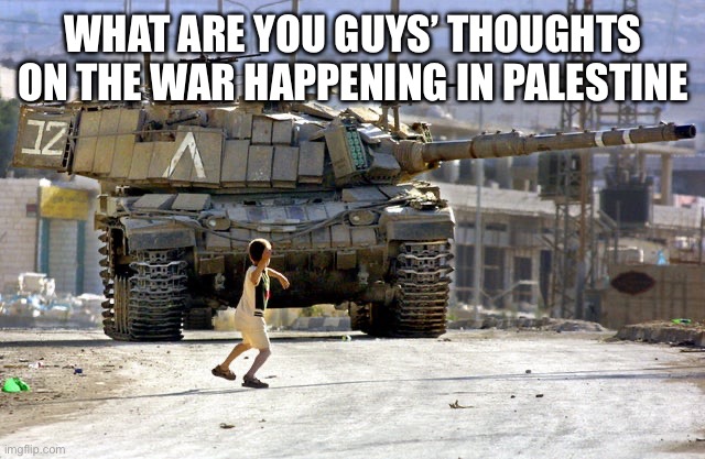 I bet most of u too much in ur bubble to not care lol | WHAT ARE YOU GUYS’ THOUGHTS ON THE WAR HAPPENING IN PALESTINE | image tagged in palestinian child throwing a rock at an israeli tank | made w/ Imgflip meme maker
