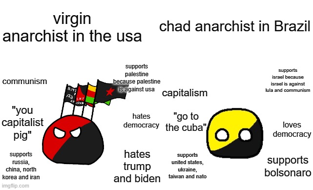 virgin american anarchist vs chad brazilian anarchist | chad anarchist in Brazil; virgin anarchist in the usa; communism; supports palestine because palestine is against usa; capitalism; supports israel because israel is against lula and communism; hates democracy; "go to the cuba"; "you capitalist pig"; loves democracy; supports russia, china, north korea and iran; hates trump and biden; supports united states, ukraine, taiwan and nato; supports bolsonaro | image tagged in virgin vs chad,brazil,usa,united states of america,polcompball,anarchist | made w/ Imgflip meme maker