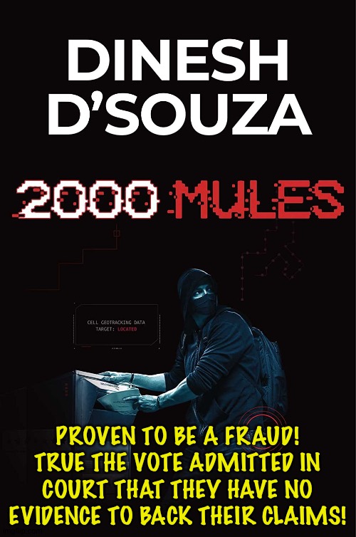 2000 jackasses is more like it. | PROVEN TO BE A FRAUD!
TRUE THE VOTE ADMITTED IN COURT THAT THEY HAVE NO EVIDENCE TO BACK THEIR CLAIMS! | image tagged in dinesh d souza 2000 mules | made w/ Imgflip meme maker