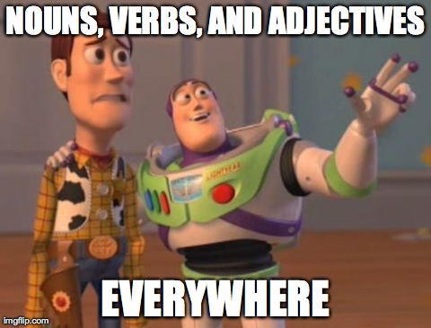 X, X Everywhere | NOUNS, VERBS, AND ADJECTIVES EVERYWHERE | image tagged in memes,x x everywhere | made w/ Imgflip meme maker