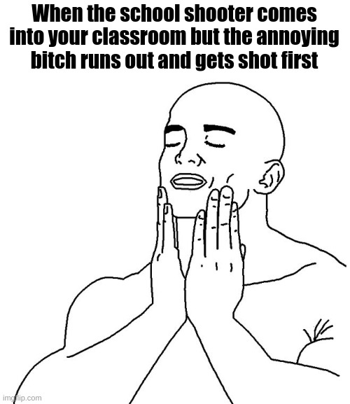 not based on a true story | When the school shooter comes into your classroom but the annoying bitch runs out and gets shot first | image tagged in satisfaction | made w/ Imgflip meme maker