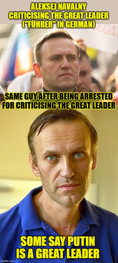 Some say Vladimir Putin is a great leader | ALEKSEJ NAVALNY
CRITICISING THE GREAT LEADER
("FÜHRER" IN GERMAN); SAME GUY AFTER BEING ARRESTED
FOR CRITICISING THE GREAT LEADER; SOME SAY PUTIN IS A GREAT LEADER | image tagged in vladimir putin,aleksej navalny,russia,dictator,murder | made w/ Imgflip meme maker