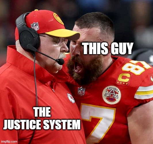 THIS GUY THE JUSTICE SYSTEM | image tagged in travis kelce screaming | made w/ Imgflip meme maker
