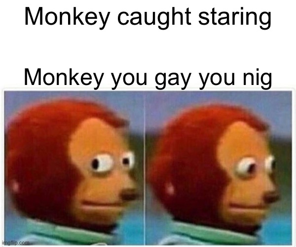 Monkey Puppet Meme | Monkey caught staring; Monkey you gay you nig | image tagged in memes,monkey puppet | made w/ Imgflip meme maker