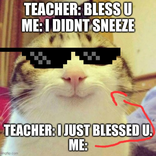 Smiling Cat Meme | TEACHER: BLESS U
ME: I DIDNT SNEEZE; TEACHER: I JUST BLESSED U.
ME: | image tagged in memes,smiling cat | made w/ Imgflip meme maker