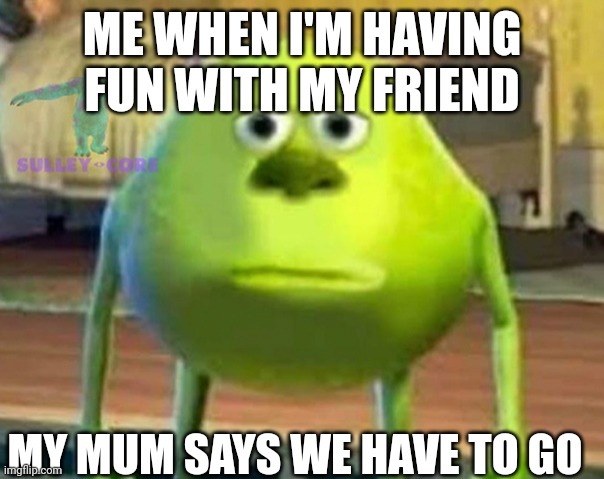 I didn't want to go so I made this face | ME WHEN I'M HAVING FUN WITH MY FRIEND; MY MUM SAYS WE HAVE TO GO | image tagged in monsters inc | made w/ Imgflip meme maker