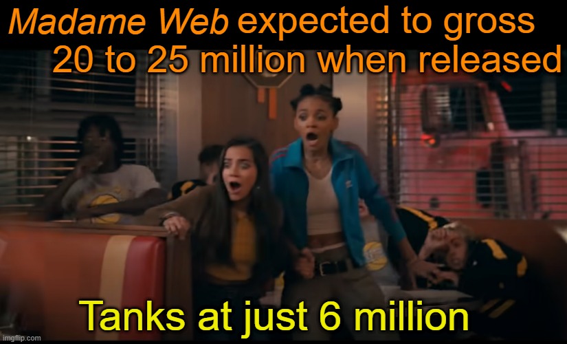 It's Dakota Johnson. Meh. | expected to gross
20 to 25 million when released; Madame Web; Tanks at just 6 million | image tagged in madame web,marvel,spiderman,spiderverse,movies,fail | made w/ Imgflip meme maker