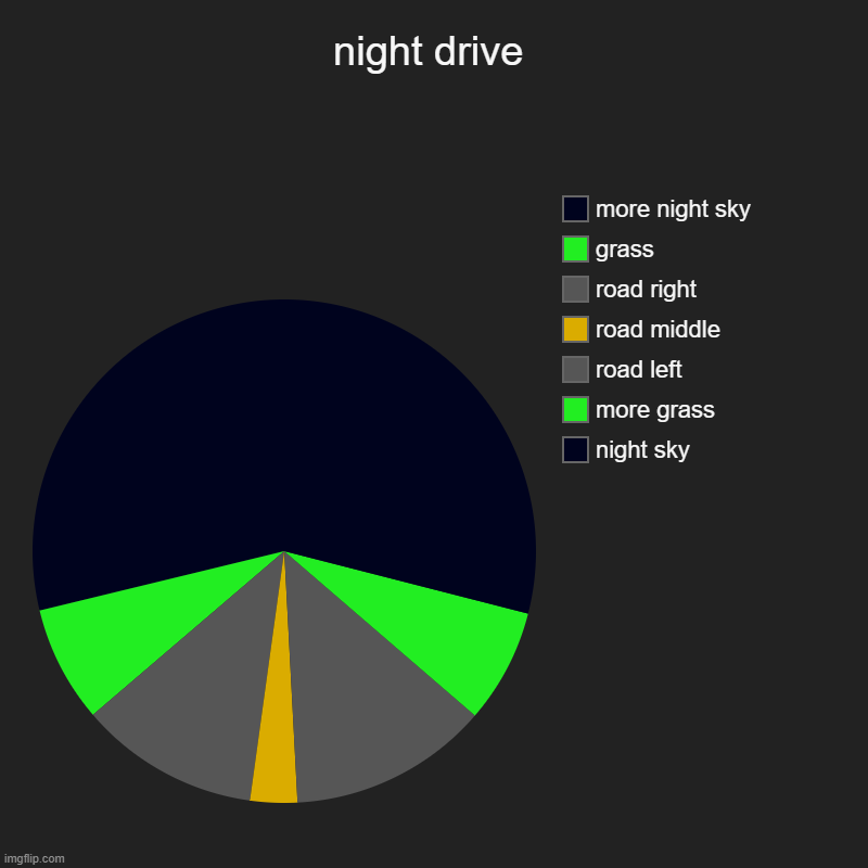 night drive art | night drive | night sky, more grass, road left, road middle, road right, grass, more night sky | image tagged in charts,pie charts,chart art | made w/ Imgflip chart maker