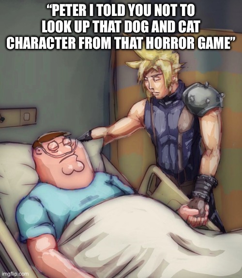 Out of all the characters they make weird art of those 2 | “PETER I TOLD YOU NOT TO LOOK UP THAT DOG AND CAT CHARACTER FROM THAT HORROR GAME” | image tagged in cloud strife comforts peter griffin hospital | made w/ Imgflip meme maker
