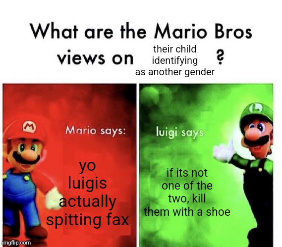 Mario Bros Views | their child identifying as another gender; yo luigis actually spitting fax; if its not one of the two, kill them with a shoe | image tagged in mario bros views | made w/ Imgflip meme maker