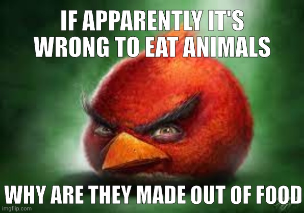 Realistic Red Angry Birds | IF APPARENTLY IT'S WRONG TO EAT ANIMALS; WHY ARE THEY MADE OUT OF FOOD | image tagged in realistic red angry birds | made w/ Imgflip meme maker
