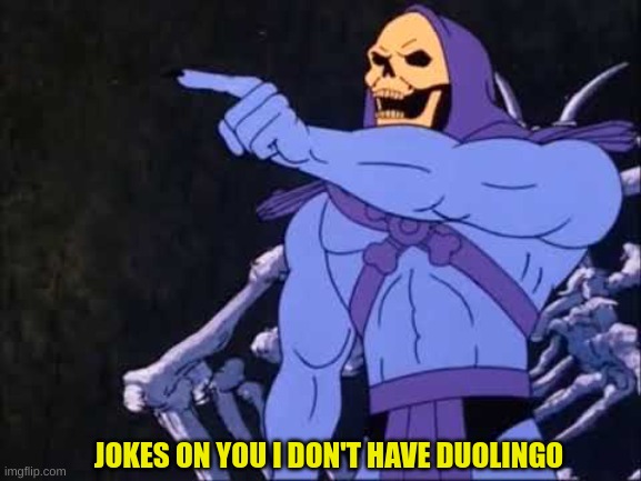 Skeletor | JOKES ON YOU I DON'T HAVE DUOLINGO | image tagged in skeletor | made w/ Imgflip meme maker
