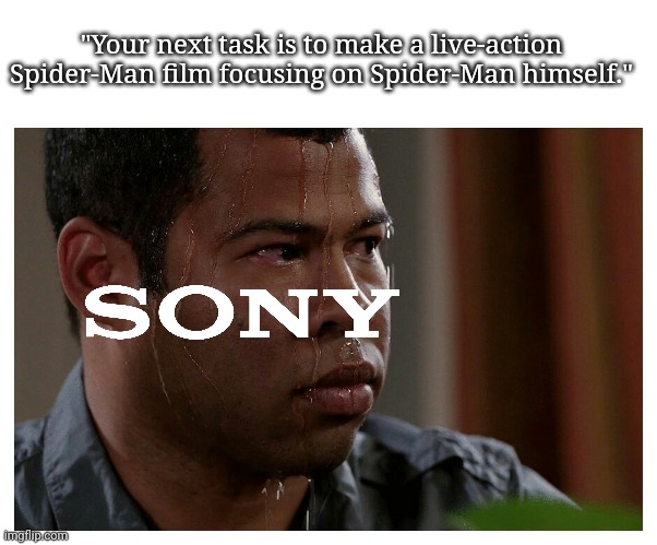 Jordan Peele Sweating | "Your next task is to make a live-action Spider-Man film focusing on Spider-Man himself." | image tagged in jordan peele sweating,sony,spiderman | made w/ Imgflip meme maker
