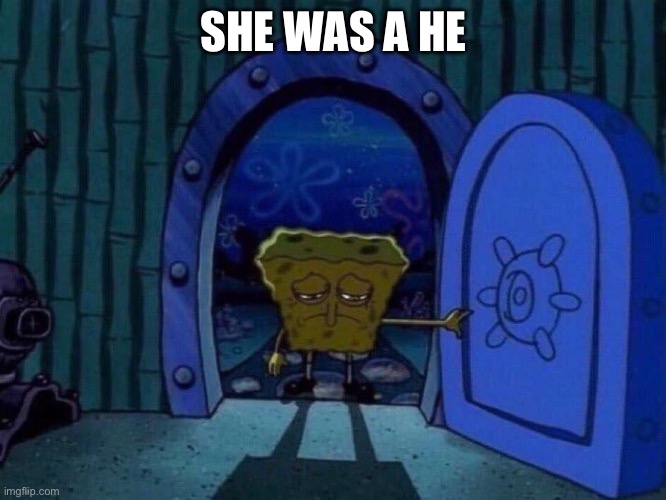 sad spongebob at door | SHE WAS A HE | image tagged in sad spongebob at door | made w/ Imgflip meme maker