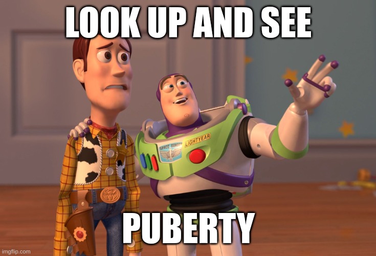 X, X Everywhere | LOOK UP AND SEE; PUBERTY | image tagged in memes,x x everywhere | made w/ Imgflip meme maker