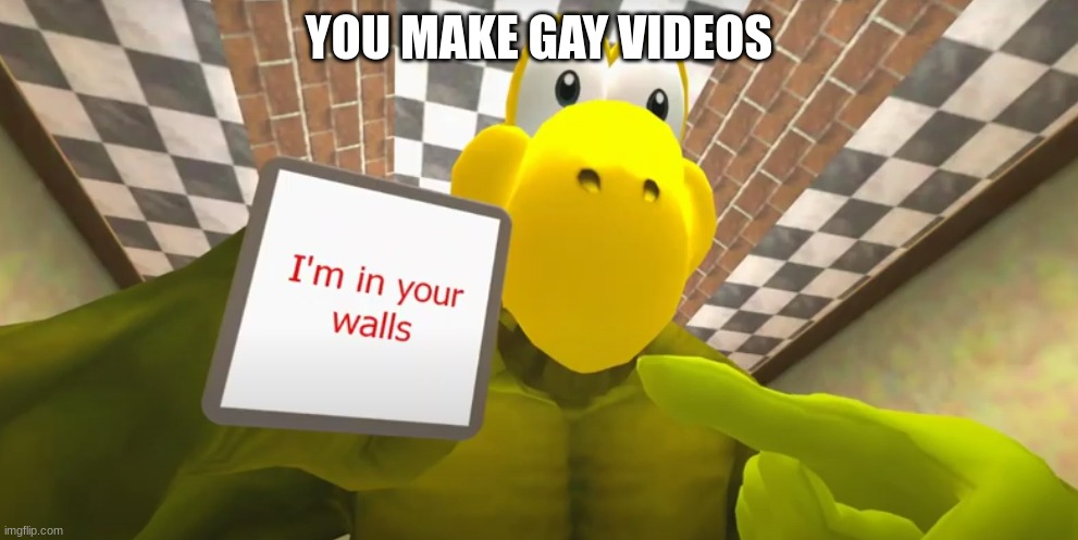 Oh no | YOU MAKE GAY VIDEOS | image tagged in i'm in your walls smg4 koopa | made w/ Imgflip meme maker