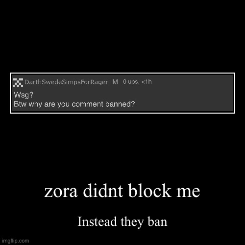 zora didnt block me | Instead they ban | image tagged in funny,demotivationals | made w/ Imgflip demotivational maker