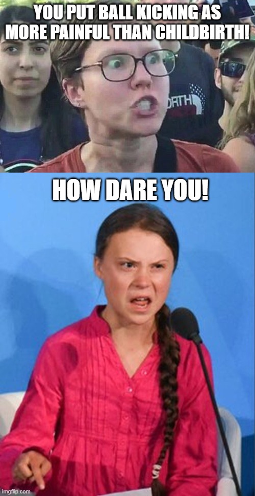 YOU PUT BALL KICKING AS MORE PAINFUL THAN CHILDBIRTH! HOW DARE YOU! | image tagged in triggered liberal,greta thunberg how dare you | made w/ Imgflip meme maker