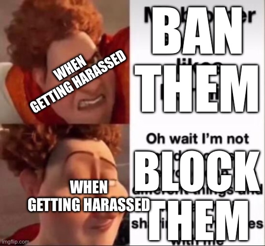 Tighten | BAN THEM; WHEN GETTING HARASSED; BLOCK THEM; WHEN GETTING HARASSED | image tagged in tighten | made w/ Imgflip meme maker