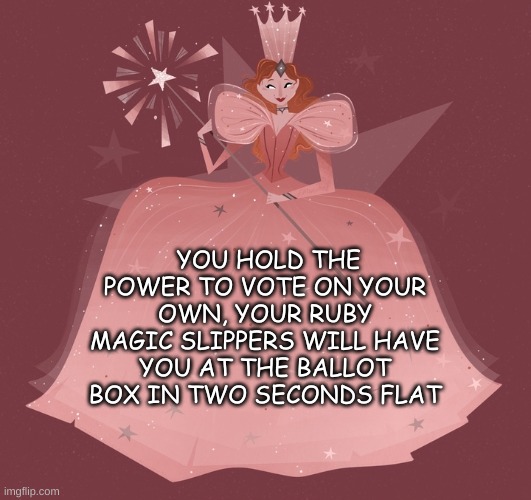 Glinda the good witch | YOU HOLD THE POWER TO VOTE ON YOUR OWN, YOUR RUBY MAGIC SLIPPERS WILL HAVE YOU AT THE BALLOT BOX IN TWO SECONDS FLAT | image tagged in politics,voting | made w/ Imgflip meme maker
